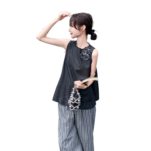 (现货）夏装新款薄牛仔麻料手工花阔腿裤套装F559-P135-K198图片