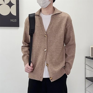 春秋韩系翻领开衫毛衣男士时尚简约纽扣针织衫复古休闲百搭薄外套图片