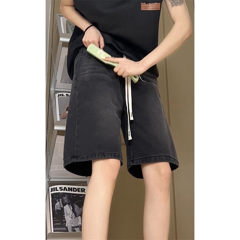 港风松紧腰牛仔短裤男时尚潮流宽松抽绳休闲裤子-DK8480特价P32图片
