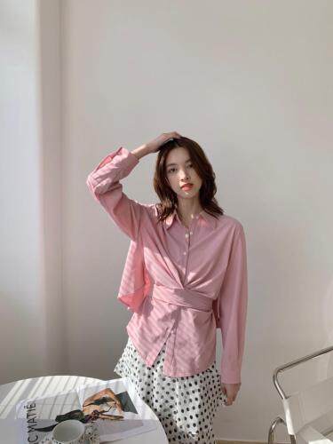 TWTIUWOO-21春季设计师绑带衬衫，女装衬衫，她物