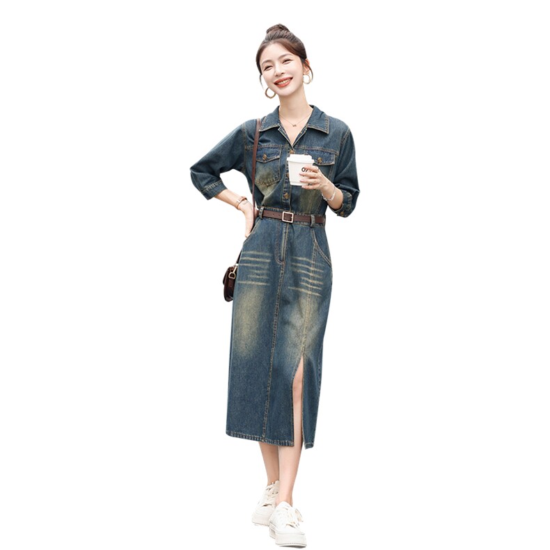 春季新款修身显瘦牛仔连衣裙时尚百搭长袖开叉裙装,女装连衣裙,秋水欣儿