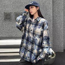 春秋季新品男女情侣重磅扎染工艺格子衬衫长袖宽松休闲复古百搭，男装衬衫，星座506A