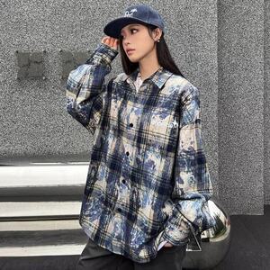 春秋季新品男女情侣重磅扎染工艺格子衬衫长袖宽松休闲复古百搭图片