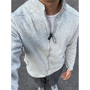 灰绿色抓绒衣外套男春秋款拉链立领夹克美式复古开衫卫衣