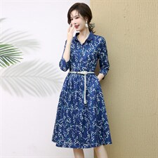 春秋新款纯棉印花衬衫式连衣裙拼花边立领七分袖文艺大摆裙，女装连衣裙，木橙西子