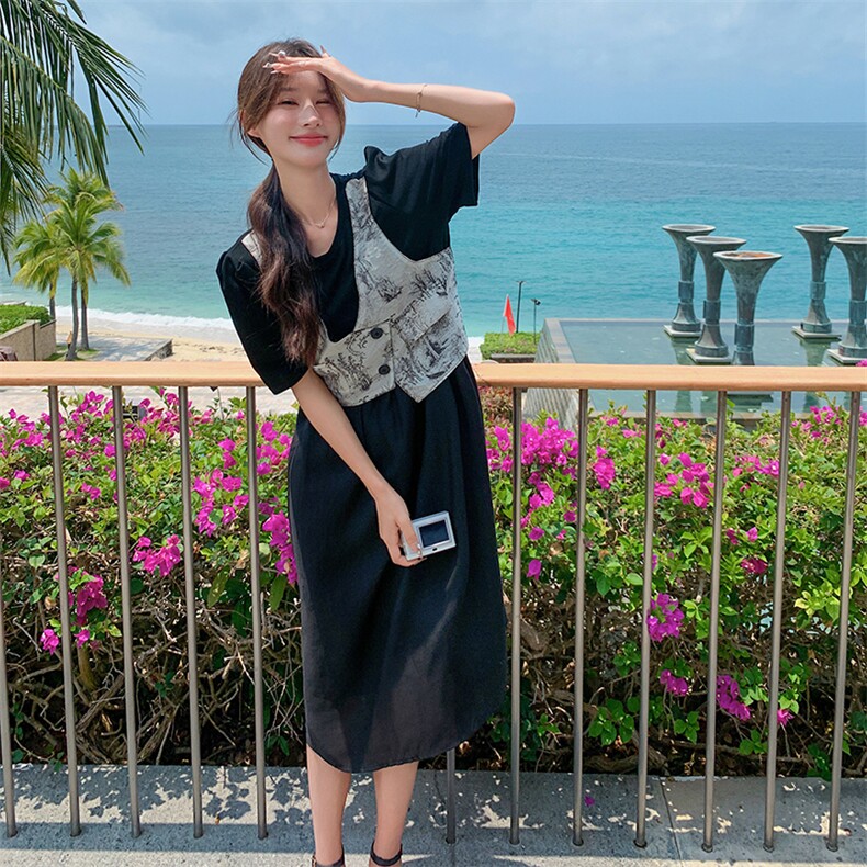 黑色拼接马甲假两件连衣裙女夏2025新款时尚宽松减龄超好看茶歇裙,女装连衣裙,2C129