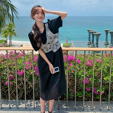 黑色拼接马甲假两件连衣裙女夏2025新款时尚宽松减龄超好看茶歇裙，女装连衣裙，2C129