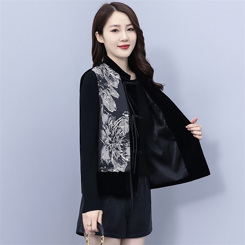 盘扣印花拼接丝绒马甲外套女2023秋季新款复古新中式马夹坎肩外搭,女装马甲,素月