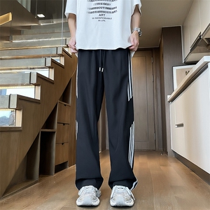 条纹速干冰丝裤子男士夏季薄款宽松阔腿男生运动裤青少年休闲长裤图片