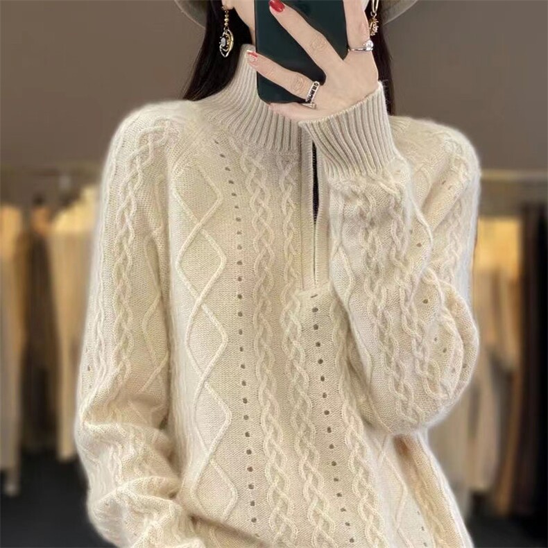 100%纯羊绒衫女高领拉链绞花长袖毛衣秋季半高领冬加厚宽松羊绒韩图片