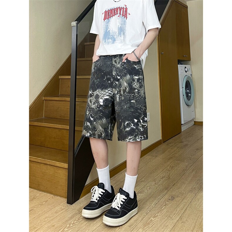 夏季美式复古蛇纹迷彩五分工装牛仔短裤男女K5918-特P35控59,男装牛仔裤,星座205