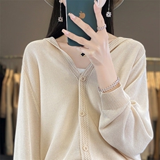 春夏新款连帽针织长袖外套女慵懒风高级气质防晒空调罩衫开衫上衣，女装针织衫/毛衣，秋虹羊绒