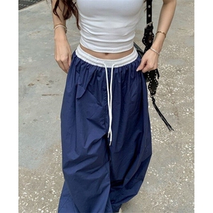 拼接撞色速干休闲裤女夏松弛感高腰宽松垂感拖地阔腿裤子 KW118图片