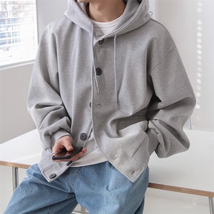 百搭开衫卫衣灰色单排扣美式复古宽松潮流连帽秋冬外套男韩风图片