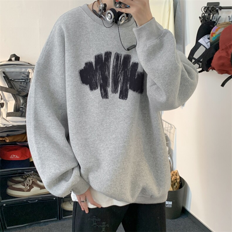 涂鸦印花圆领卫衣男春秋美式复古青少年情侣潮牌宽松无帽长袖t恤,男装卫衣,电商B371