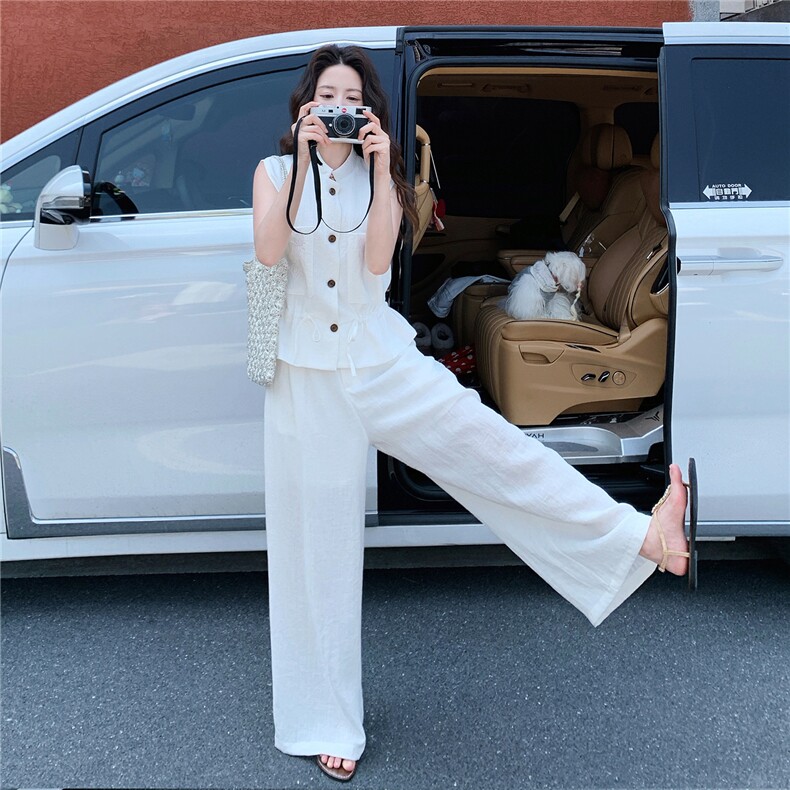 轻熟气质套装裤2026夏季新款高级感刺绣无袖马甲阔腿裤两件套,女装套装/套裙,冬木谷雨
