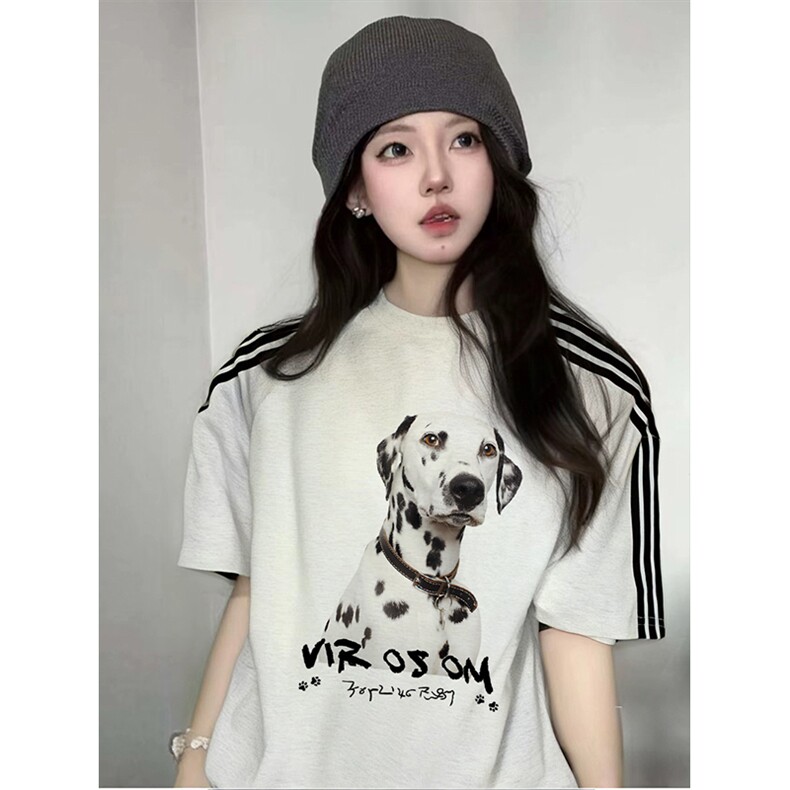 抖音得物品质二开240克宽松纯棉美式潮牌印花三条杠中性风短袖T恤,男装T恤,电商A486-1