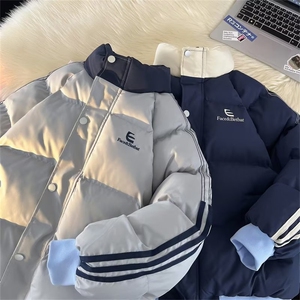 美式立领拼色三条纹棉服男女加厚保暖宽松面包服棉衣外套~Q4613图片