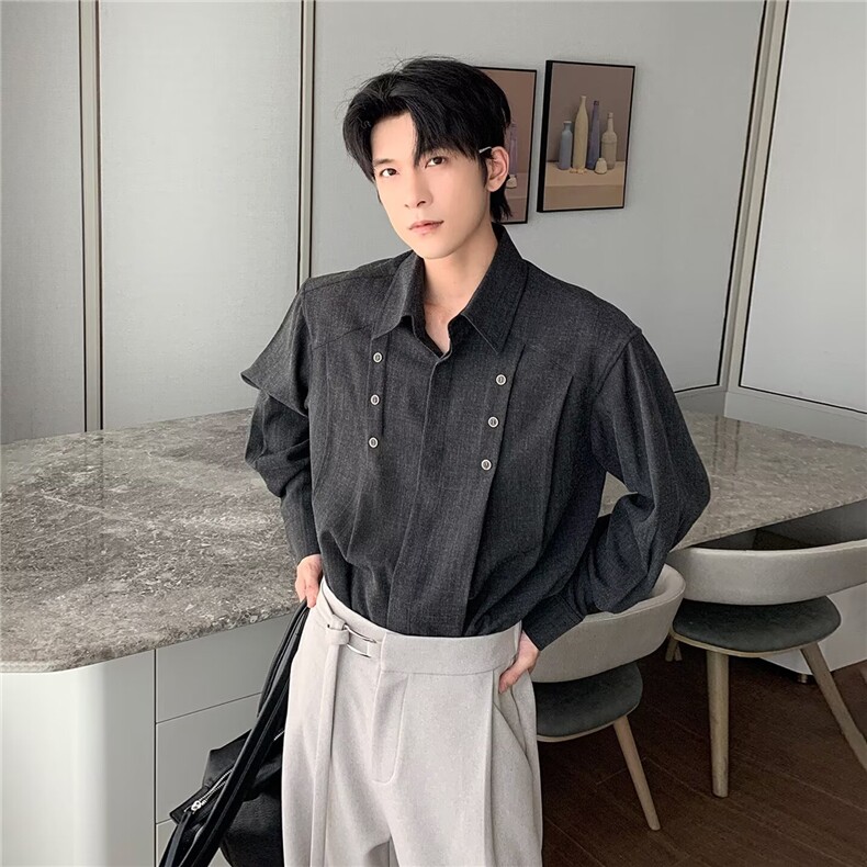 日系复古解构压褶长袖衬衫男春秋老钱风双排扣简约通勤翻领衬衣，男装衬衫，星座506A