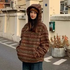 2025新款秋冬毛呢连帽卫衣潮牌宽松休闲加厚条纹套头外套SWB12，女装短外套，星座516A
