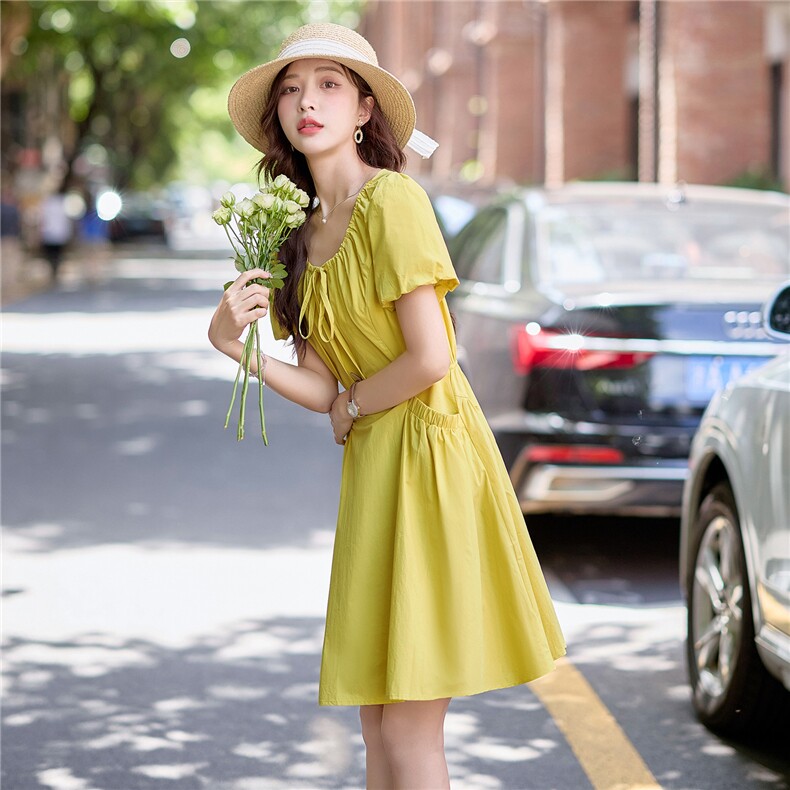法式茶歇设计连衣裙女夏2025新款绝美泡泡袖收腰显瘦小个子A字裙,女装连衣裙,难舍钰依