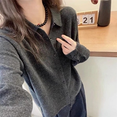 秋冬新款polo领针织纯色开衫时尚休闲百搭，女装针织衫/毛衣，锦瑟羊绒