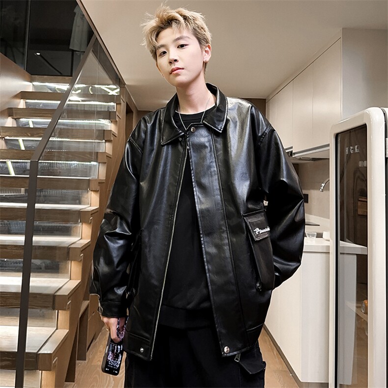翻领工装机车皮夹克男情侣刺绣皮衣潮流外套A266-PY007-P85控138图片