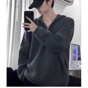 半拉链连帽毛衣男款秋冬季潮牌宽松慵懒风针织衫美式复古休闲外套图片