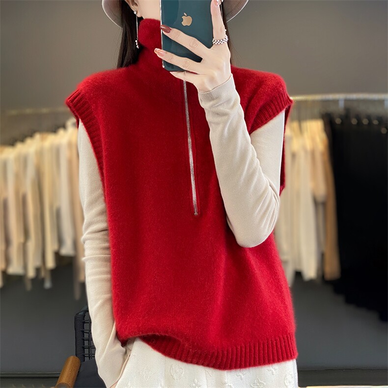 复古纯羊毛马甲无袖针织衫马甲上衣女秋冬半拉链叠穿套头背心外穿,女装马甲,暖烁羊绒