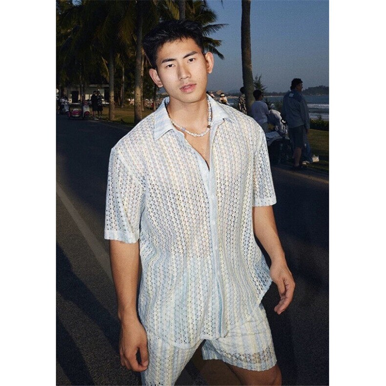 高街宽松镂空短袖衬衫男士夏季复古小众设计感休闲衬衣C212,男装T恤,星座1116A（原606A-3）