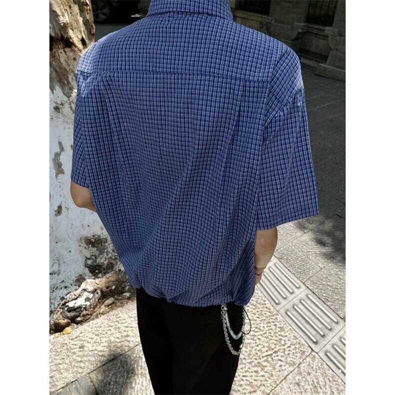 复古宽松蓝色格子短袖衬衫男女夏季休闲百搭格纹衬衣外套C217,男装T恤,星座1116A（原606A-3）
