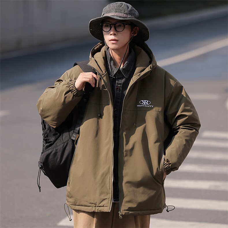 冬季日系简约保暖加厚连帽抽绳休闲宽松棉衣外套男MY9081-P100,男装棉衣,电商A128