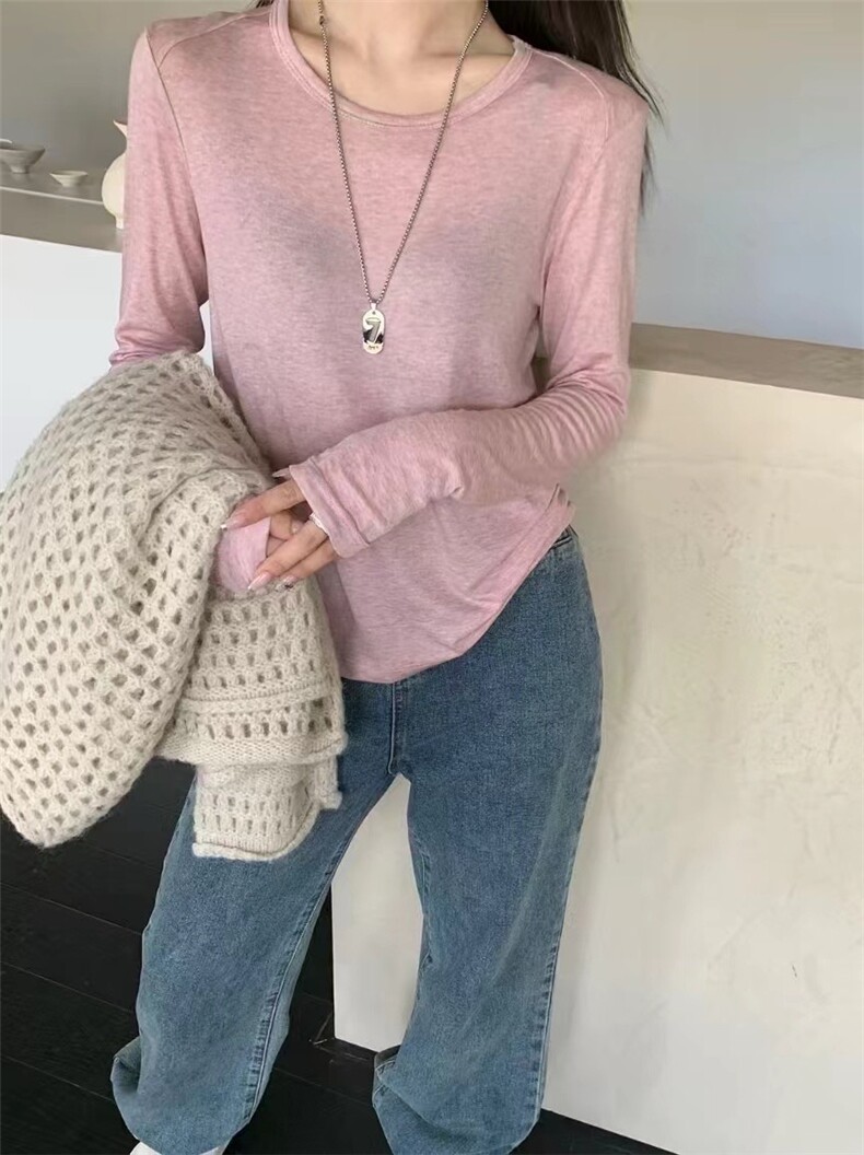 天丝羊毛圆领长袖面膜T恤，女装T恤，庆大羊绒