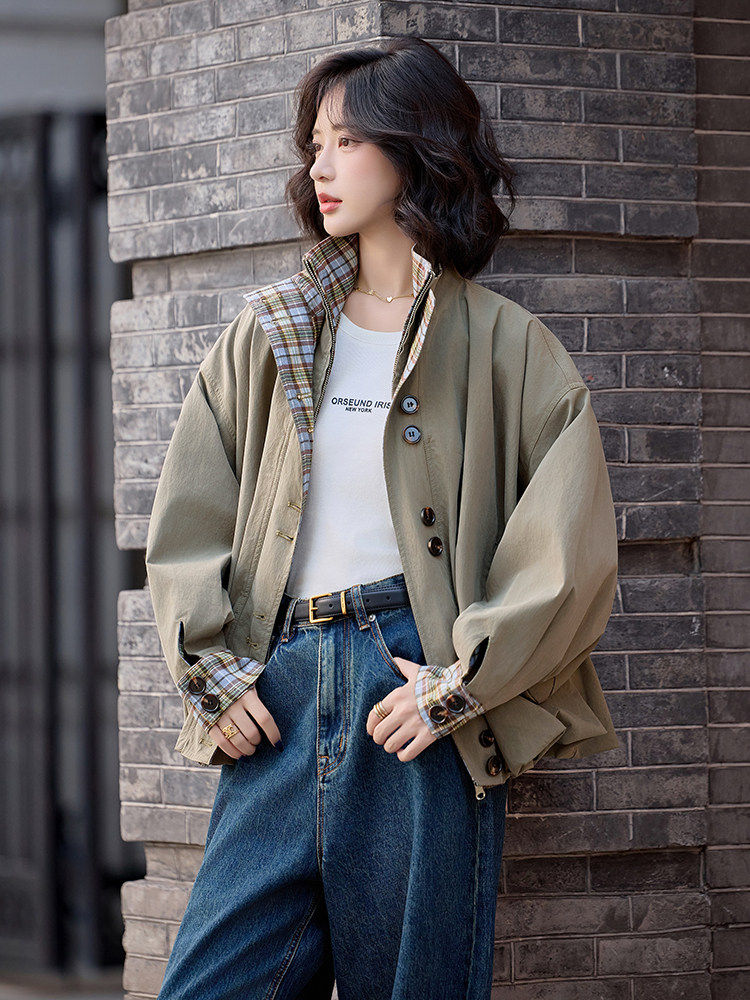 水衣源2796款灯笼外套女咸菜绿立领格子拼接洋气一手长风衣,女装风衣,水衣源