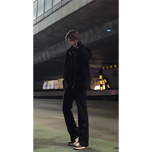 高街美式排扣牛仔裤拉链设计感直筒牛仔裤图片