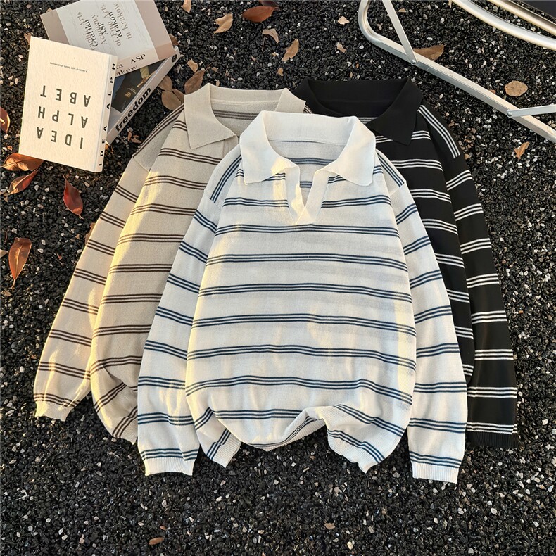 港风秋冬款男女毛衣polo领条纹拼接针织衫宽松外套M0023P40,男装针织衫/毛衣,星座1013-1