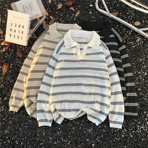 港风秋冬款男女毛衣polo领条纹拼接针织衫宽松外套M0023 P40,男装针织衫/毛衣,星座1013-1
