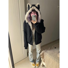 现货重磅硬挺boxy羽绒棉衣座山雕猫耳大毛毛领麂皮棉服冬外套，男装棉衣，电商A486