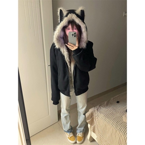 现货重磅硬挺boxy羽绒棉衣座山雕猫耳大毛毛领麂皮棉服冬外套图片