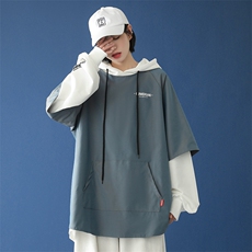 7XL-M大码连帽拼接卫衣男2023春季新款中性风假两件男女外套控98，男装卫衣，钱塘717(原712)