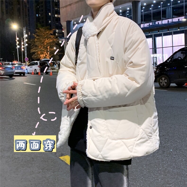 2021新款双面穿立领衣男百搭情侣服宽松菱形格袄图片
