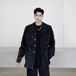 新款秋冬明线装饰腰抽绳口袋韩版翻领中长外套男A345-161-P115图片