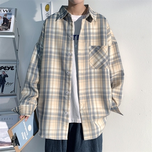 2025春新款潮流港风设计感大码休闲外套男撞色格子衬衫C3303-P40图片