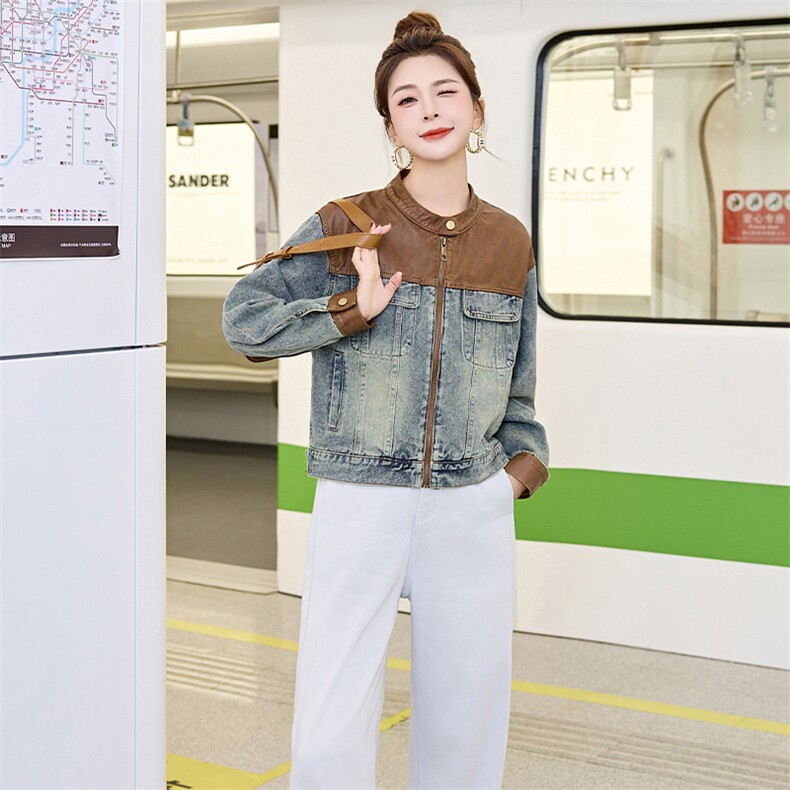 复古拼接牛仔外套女2025春秋新款韩版宽松小个子休闲短款夹克上衣,女装套装/套裙,跑量工厂店