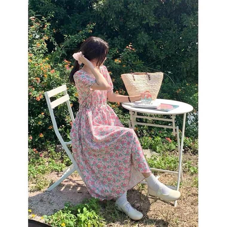 新款洋气小方领花朵爱心森系小清新连衣裙,女装连衣裙,L·H·X