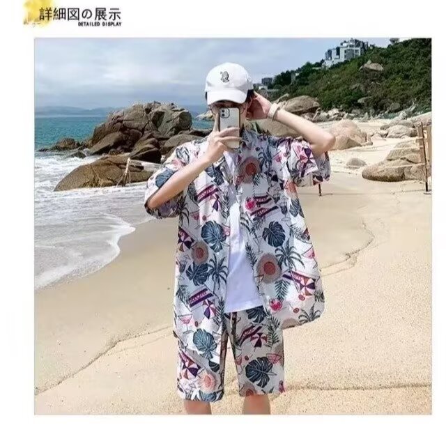 沙滩夏威夷花衬衫男夏季套装半袖衬衣oversize痞帅设计感寸衫外套,男装衬衫,星座1210-1