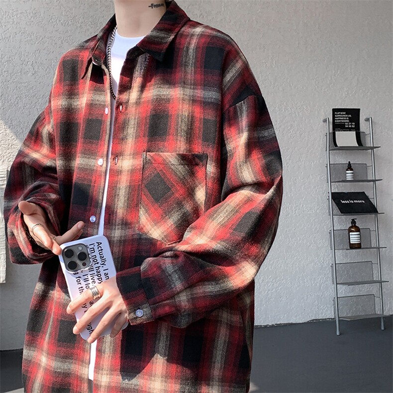 衬衫男春季新款港风宽松磨毛格子长袖衬衣CS2018-P35,男装衬衫,星座214-3
