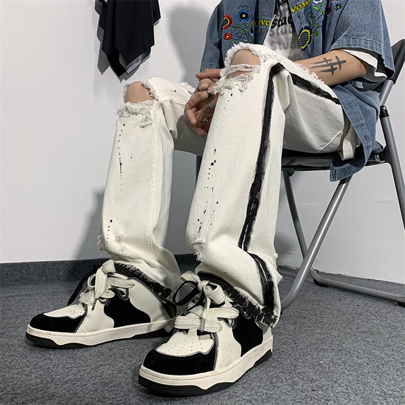 美式高街夏季破洞涂鸦黑白牛仔裤货号K739P65,男装牛仔裤,电商A063