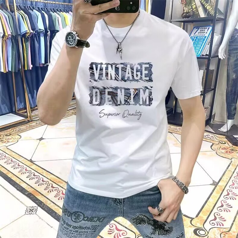2025新款夏季男装T修身百搭字母印花圆领体恤潮流休闲男士打底衫图片