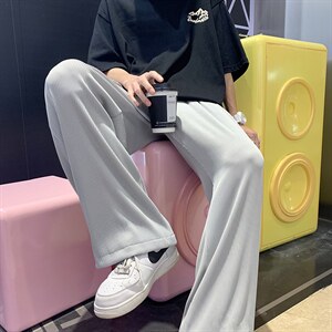 2025夏季新款港风男条纹纯色直筒阔腿薄款休闲长裤D201-DM155-P40图片